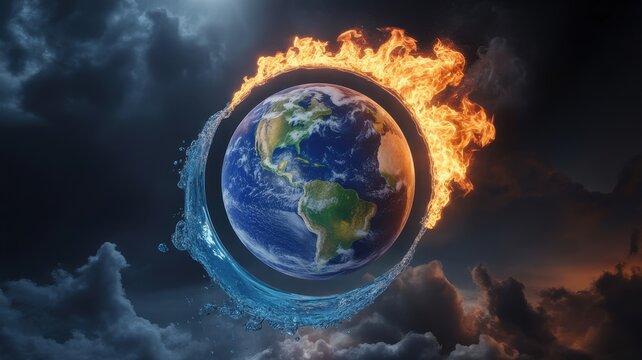 Earth globe encircled by fire and water, climate change concept
