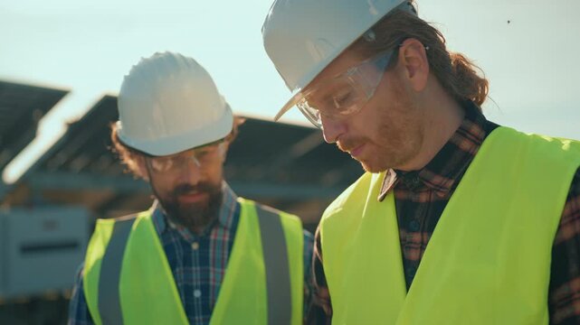 Workers discuss project details on a sunny construction site while wearing safety gear in the afternoon