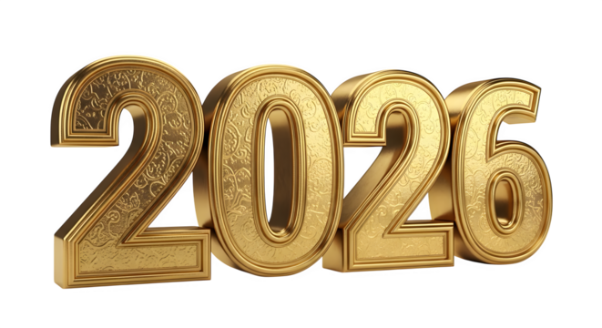 Ornate golden textured 2026 3d rendering, new year's celebration