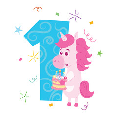 Adorable unicorn holding a birthday cake with a colorful number one.