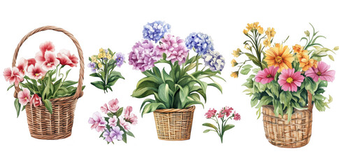 A collection of beautifully arranged floral baskets featuring various colorful flowers. natures beauty in a bright setting. ideal for gardening and decoration themes