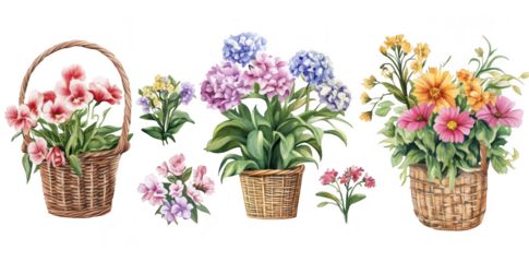 A collection of beautifully arranged floral baskets featuring various colorful flowers. natures beauty in a bright setting. ideal for gardening and decoration themes
