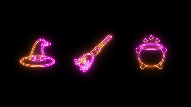 Halloween Neon Icon Set with a witch hat, broom, and cauldron glowing in pink and orange, set against a stark black background.