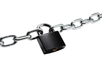 Black padlock securing a metal chain, isolated on transparent background