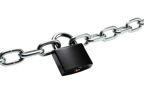 Black padlock securing a metal chain, isolated on transparent background