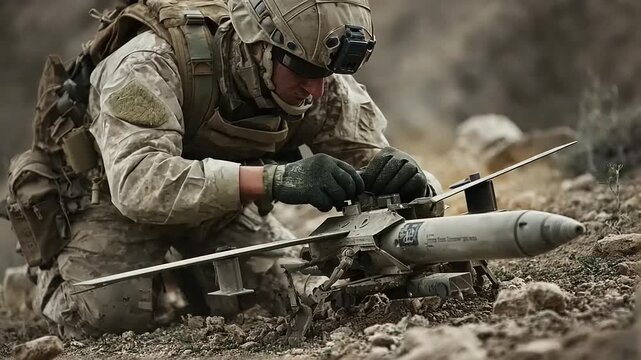 Soldier carefully examines and prepares a drone for deployment in a rugged, mountainous terrain