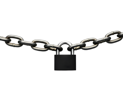 A black padlock securing a metal chain, isolated on transparent background