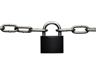 Black padlock securing a metal chain isolated on transparent background
