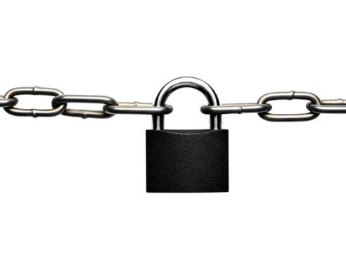 Black padlock securing a metal chain isolated on transparent background
