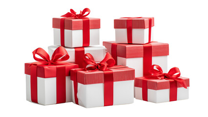 Obraz premium Red and White Christmas Gift Boxes Stack, Featuring Smooth Satin Ribbons and Clear Focus. Modern Commercial Lighting, Isolated on White.