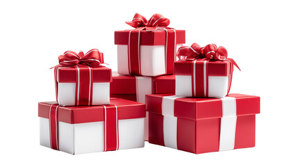 Obraz premium Red and White Christmas Gift Boxes Stack, Featuring Smooth Satin Ribbons and Clear Focus. Modern Commercial Lighting, Isolated on White.