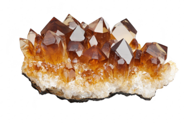 A stunning cluster of amber-colored quartz crystals with sharp points and a sparkling surface. displayed on a contrasting black base. ideal for natural beauty in home decor or educational settings