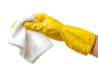 Yellow rubber glove holding a white microfiber cloth isolated on transparent background