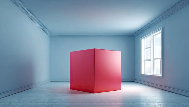 Red cube illuminates an empty room with a window.