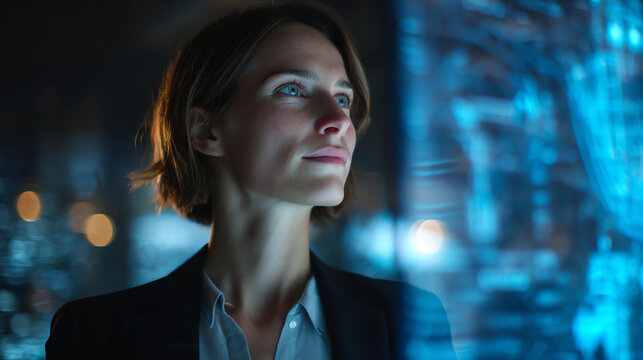 A focused businesswoman analyzing data in a modern office environment with blue tech highlights.