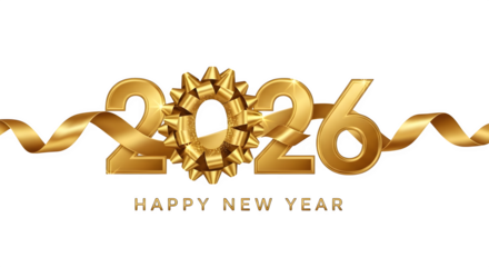Golden 2026 happy new year with festive ribbon and sparkling bow