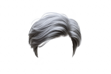 A stylish short gray hairstyle featuring soft. flowing layers. set against a plain white background. ideal for hair trends or fashion styling