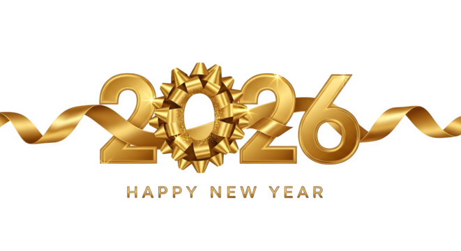 Golden 2026 happy new year with festive ribbon and sparkling bow
