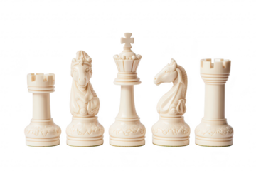 A collection of intricately designed. ivory-colored chess pieces including a king. queen. rook. and knight. arranged neatly on a clean. white background. ideal for strategy and elegance in board games