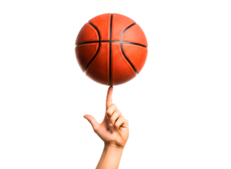 A hand balancing a basketball on a finger isolated on transparent background