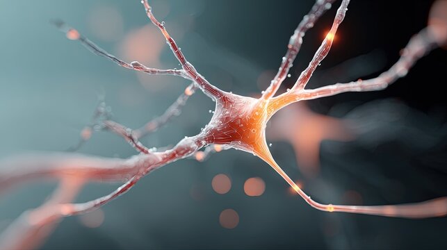 Detailed 3D render of a human neuron cell with intricate dendrites and axon showing pulsating energy within its structure