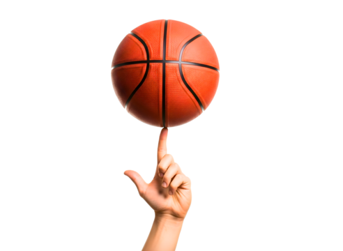 A hand balancing a basketball on a finger isolated on transparent background