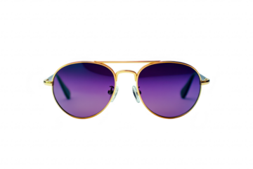 A stylish pair of sunglasses with a gold frame and purple lenses placed on a clean. white background. ideal for fashion photography or online retail showcasing