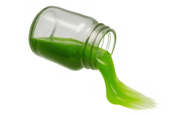 Glass jar pouring bright green liquid slime, toxic waste or viscous goo spewing out, transparent background