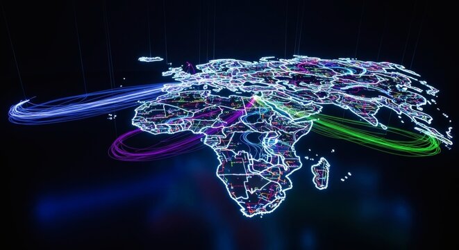 Global Connectivity With Neon Light Trails On World Map Design