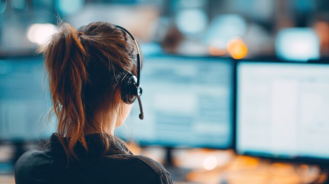 Woman wearing headset facing multiple computer monitors displaying data in a dimly lit office environment - Powered by Adobe