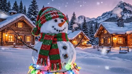 Christmas lanterns and festive lights illuminate a cozy winter home exterior with a glowing lantern scene and snowman ice statue, creating a magical Christmas night ambiance - Powered by Adobe