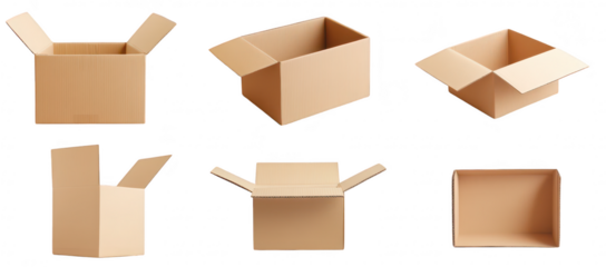A collection of various open and closed cardboard boxes arranged on a clean white background. different sizes and shapes. ideal for packaging and shipping purposes