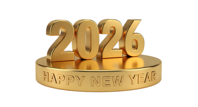 Golden 2026 happy new year on pedestal new beginnings concept