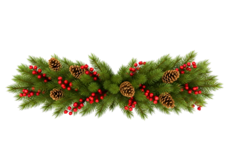 Christmas garland with pine cones and red berries isolated on transparent background