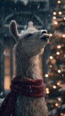 Obraz premium Festive Llama in Snowy Christmas Scene