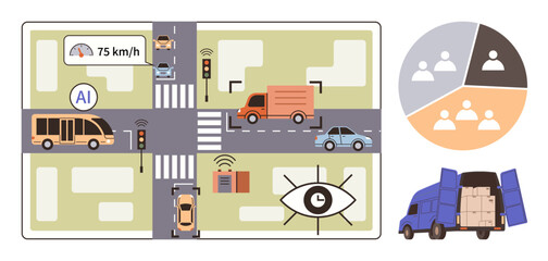 AI-managed traffic with vehicles, pedestrians, and data monitoring. Ideal for technology, transportation, logistics, safety, urban planning innovation artificial intelligence. Simple flat metaphor