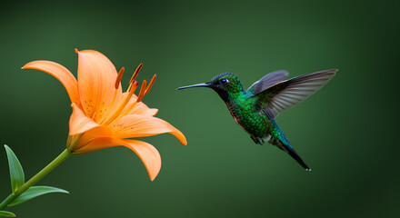 Obraz premium A vibrant hummingbird approaches a bright orange lily flower, poised to feed.