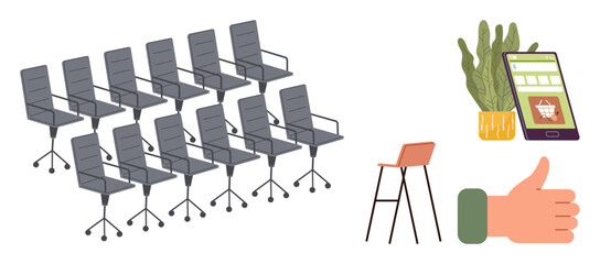 Rows of office chairs, tall stool, cactus in pot, tablet with e-commerce interface, and thumbs-up gesture. Ideal for teamwork, productivity, online shopping, feedback communication workspace