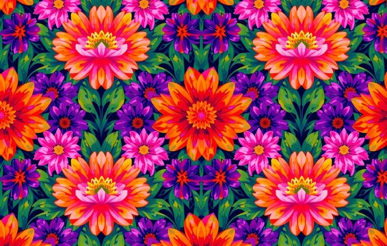 Vibrant, psychedelic floral pattern with bold orange, purple, and pink blossoms on a kaleidoscopic green backgroundperfect for retro or artistic designs.