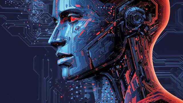 Futuristic humanoid robot profile with intricate circuitry, glowing elements, and a technology backdrop