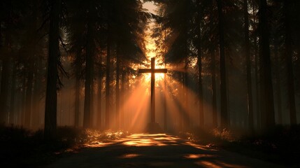 Cross in Forest at Sunrise