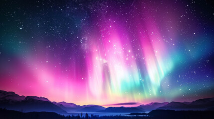 Stunning aurora borealis with vivid colors over mountain silhouette and starry night sky