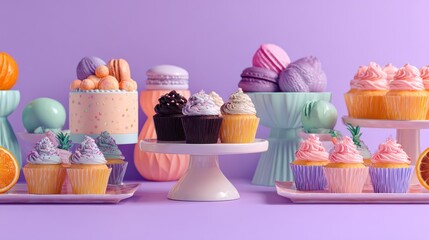 Whimsical Pastel Dessert Display - A Colorful Assortment of Cupcakes and Macarons.