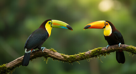 Obraz premium Two vibrant toucans perched on a moss-covered branch, facing each other.
