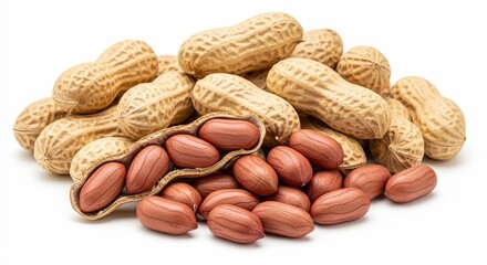 Pile of peanuts isolated on white background, showcasing both the shelled nuts and the open pods, highlighting the texture and natural color variations of this popular snack