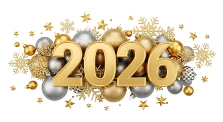 Golden 2026 new year numbers with festive christmas ornaments