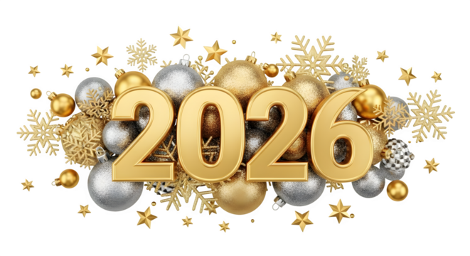 Golden 2026 new year numbers with festive christmas ornaments