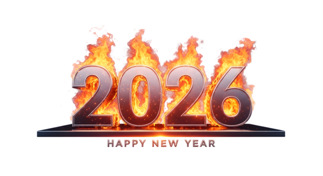 Happy new year 2026 celebration with fiery burning digits