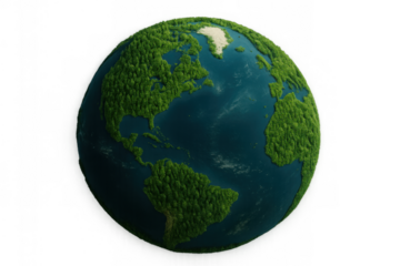 Green earth planet with continents covered in lush forests representing environmental sustainability and ecology on transparent background