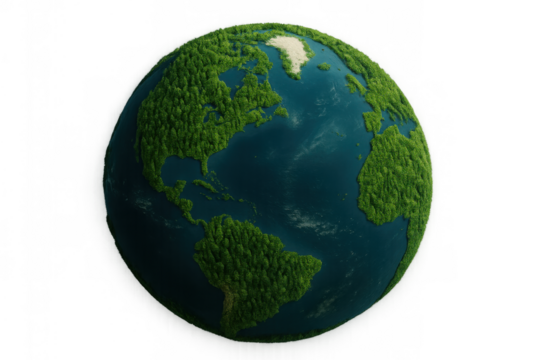 Green earth planet with continents covered in lush forests representing environmental sustainability and ecology on transparent background